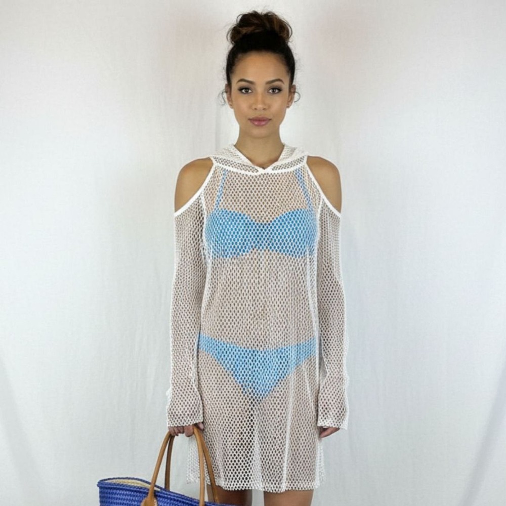 Rehab White Sheer Netted Long Sleeve Hoody Cold Shoulder Top NEW M/L